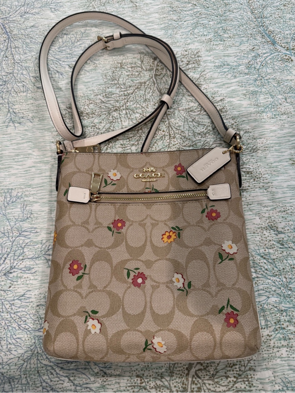Coach Beige Signature Crossbody with Floral Print
